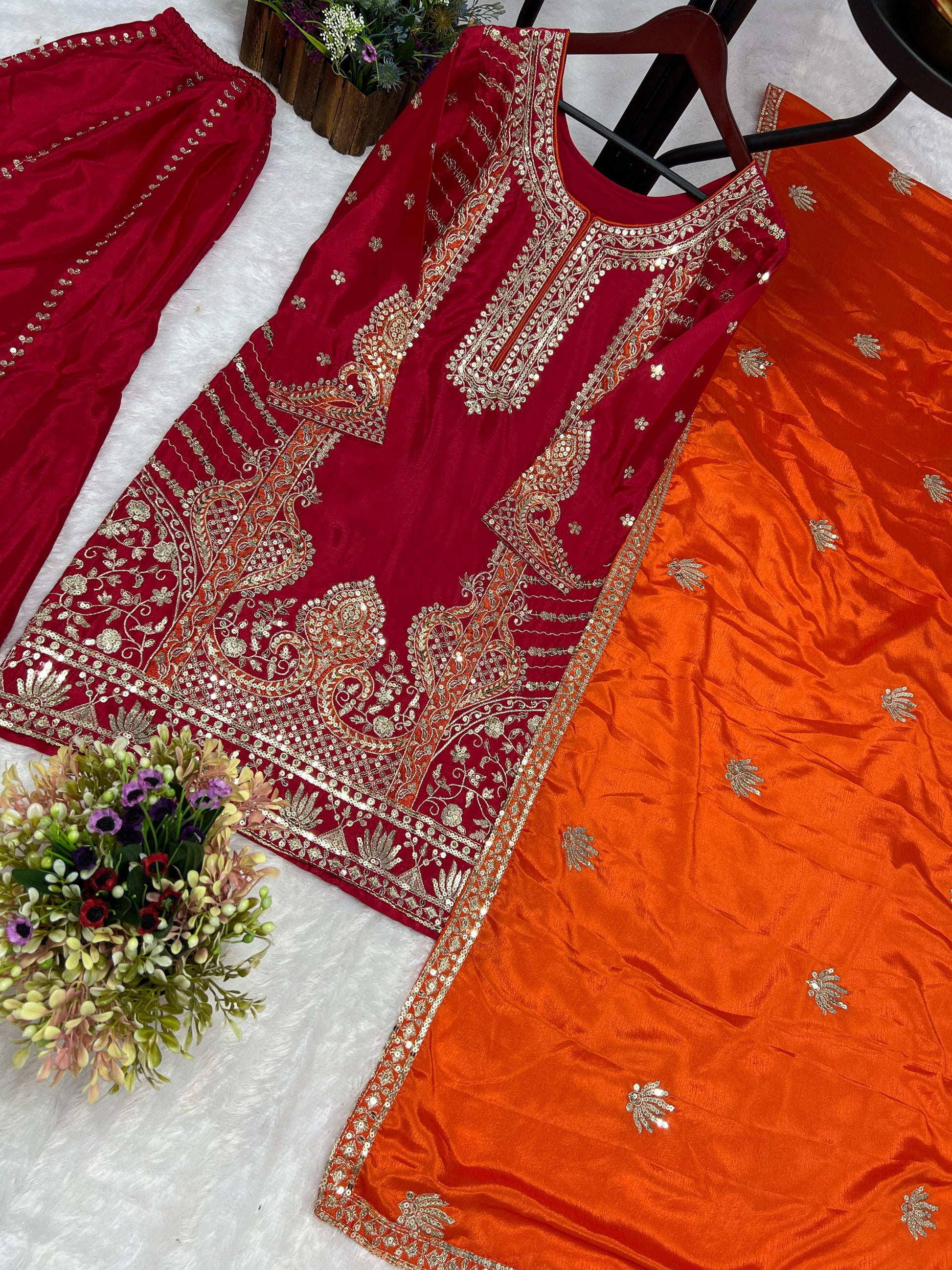 Glossy Red Color Chinon Silk Palazzo With Dupatta Set