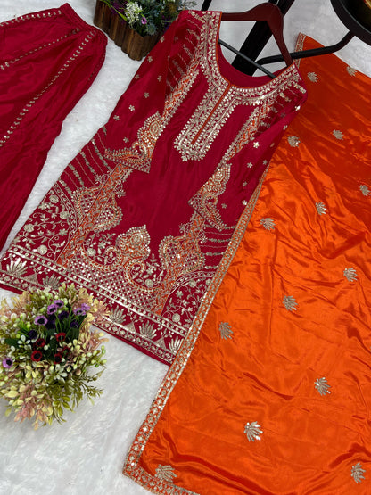 Glossy Red Color Chinon Silk Palazzo With Dupatta Set
