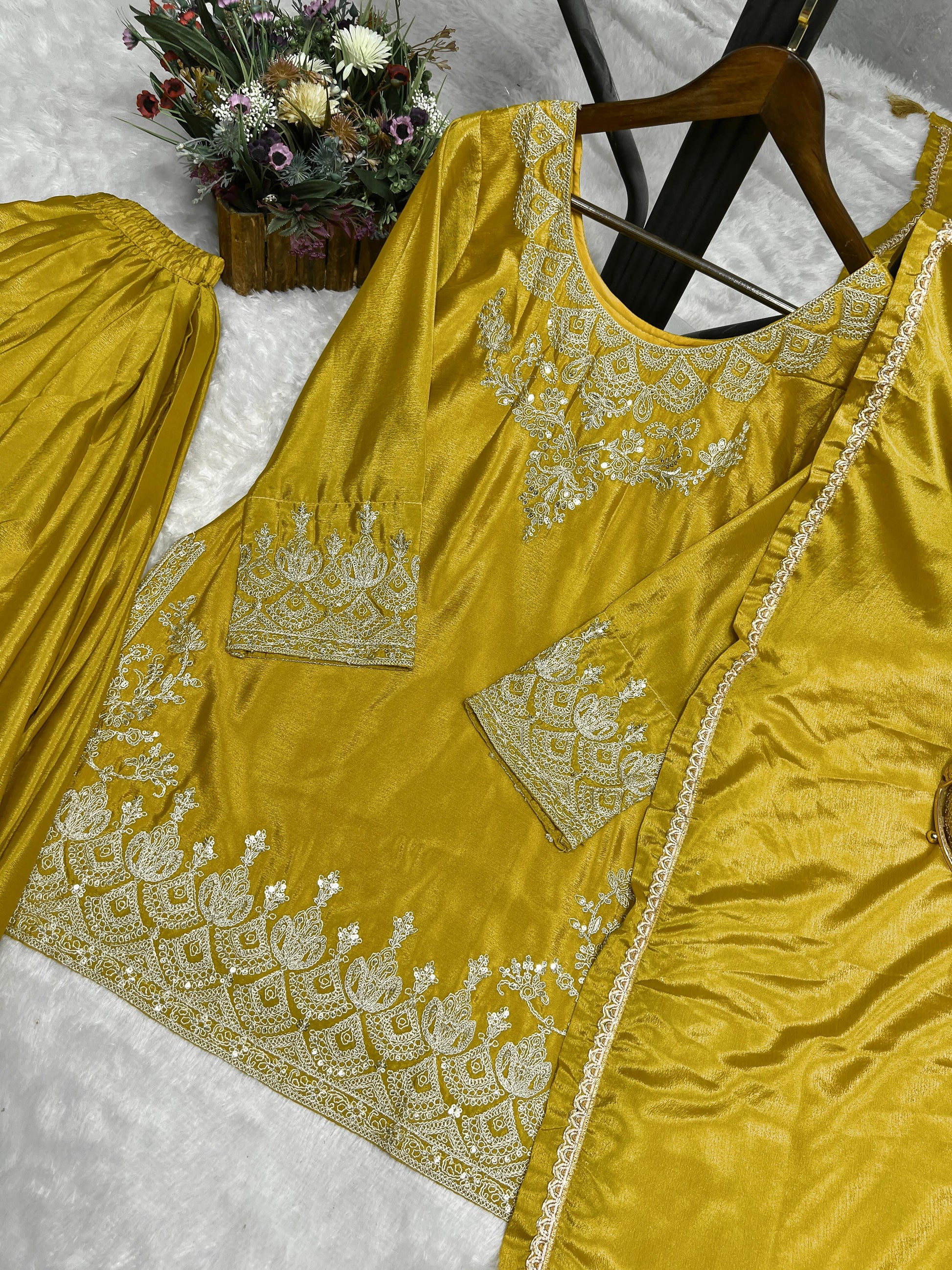 Designer Embroidery Work Mustard Color Palazzo Suit