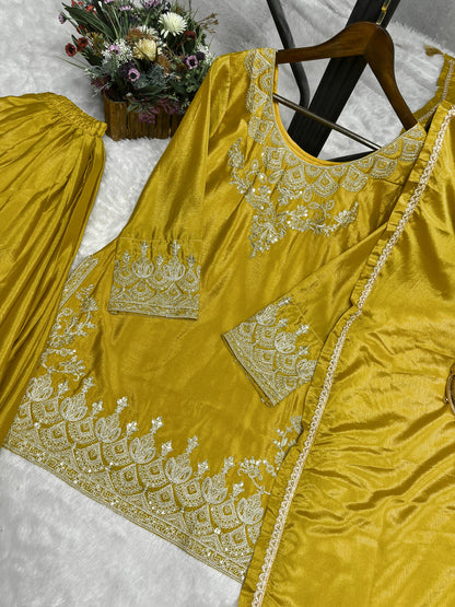 Designer Embroidery Work Mustard Color Palazzo Suit