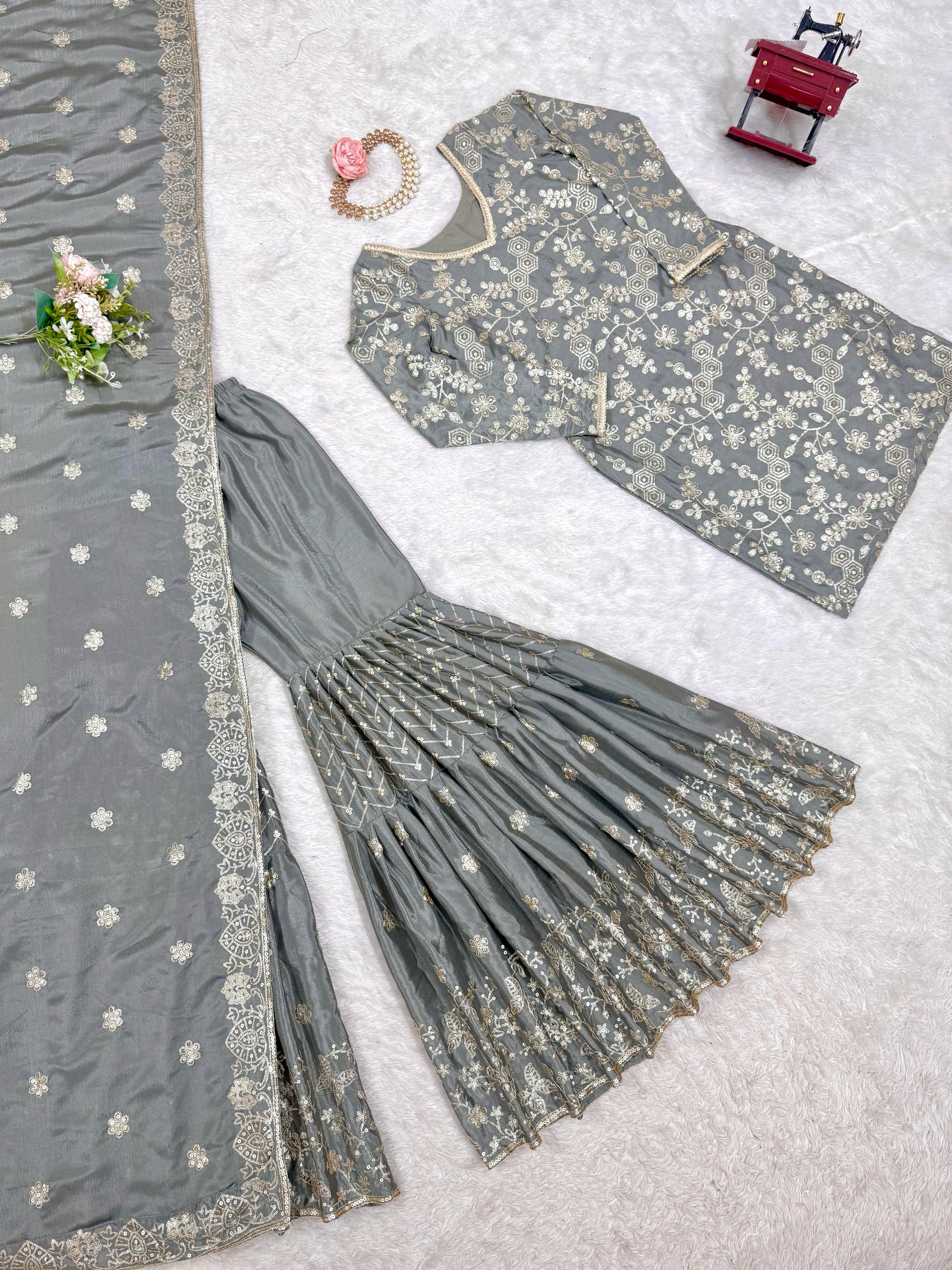 Grey Color Full Work Fabulous Sharara Suit