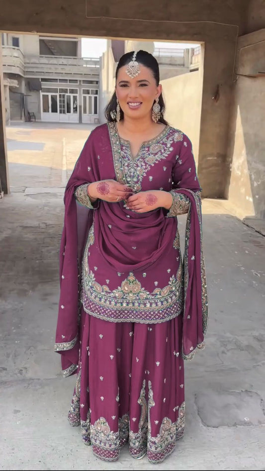 Wonderful Chinon Silk Wine Color Palazzo Suit