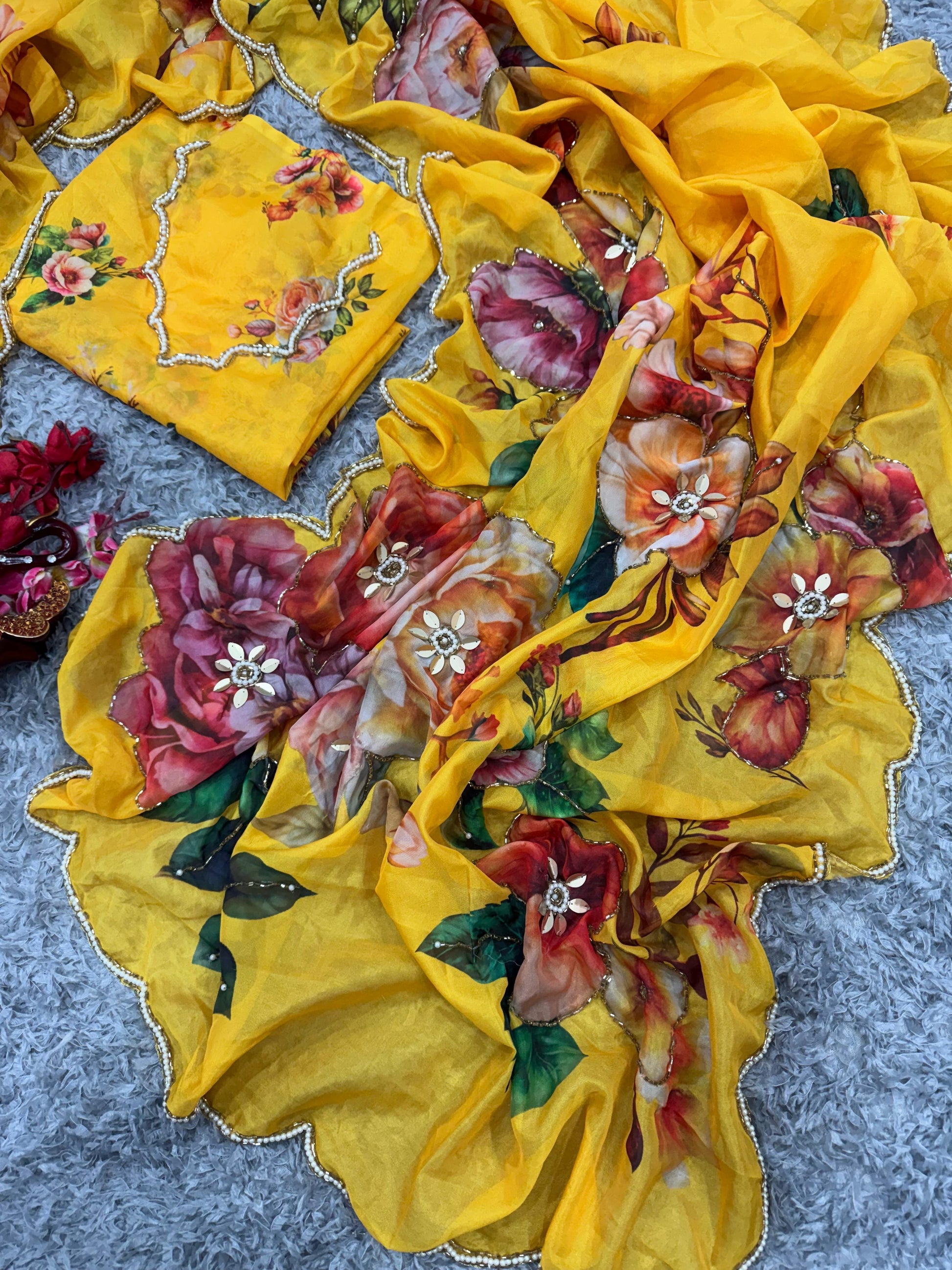Exclusive Floral Print Yellow Color Saree