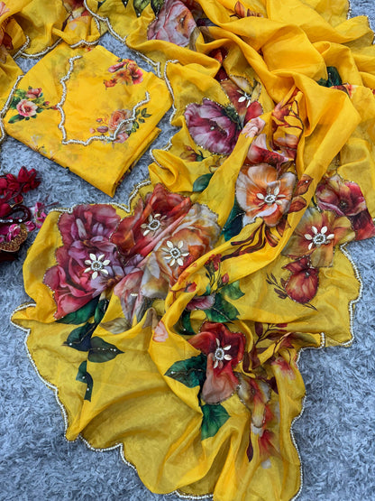 Exclusive Floral Print Yellow Color Saree