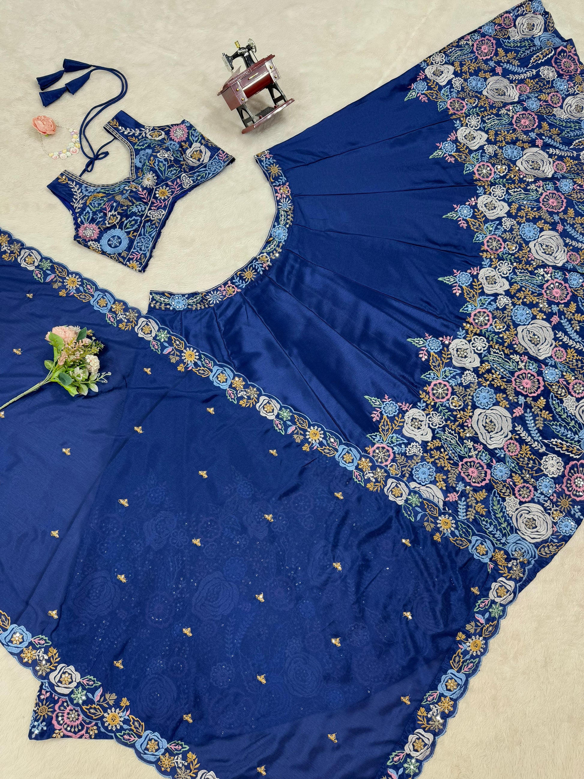 Chinon Silk Sequnce Work Blue Color Lehenga Choli