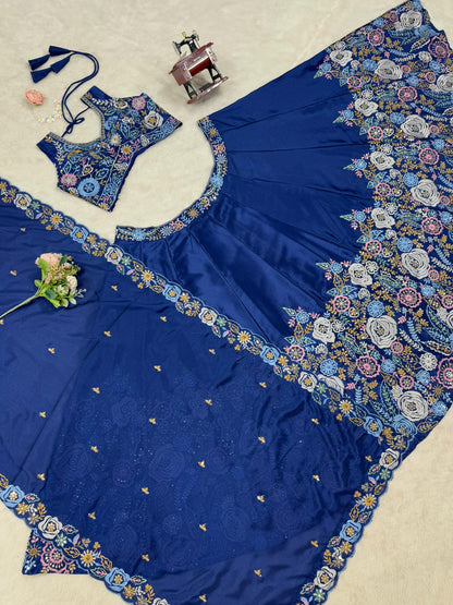 Chinon Silk Sequnce Work Blue Color Lehenga Choli