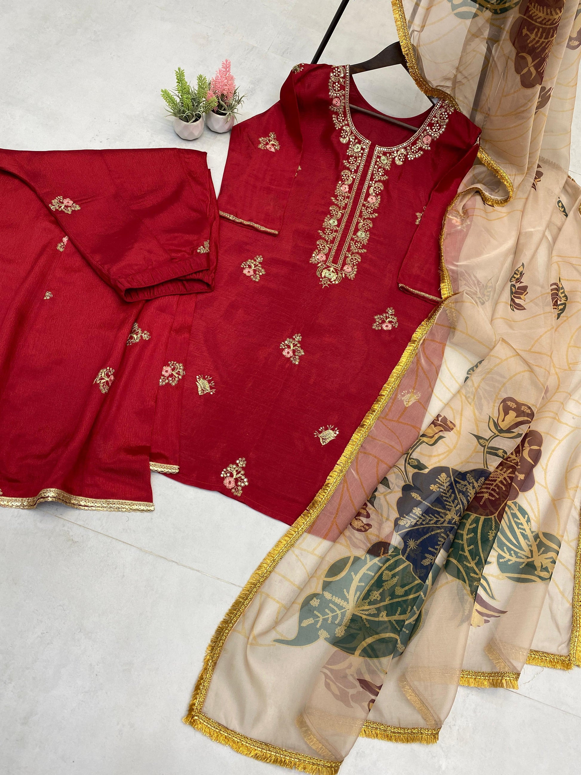 Mesmerizing Sequence Embroidery Work Red Color Palazzo Suit
