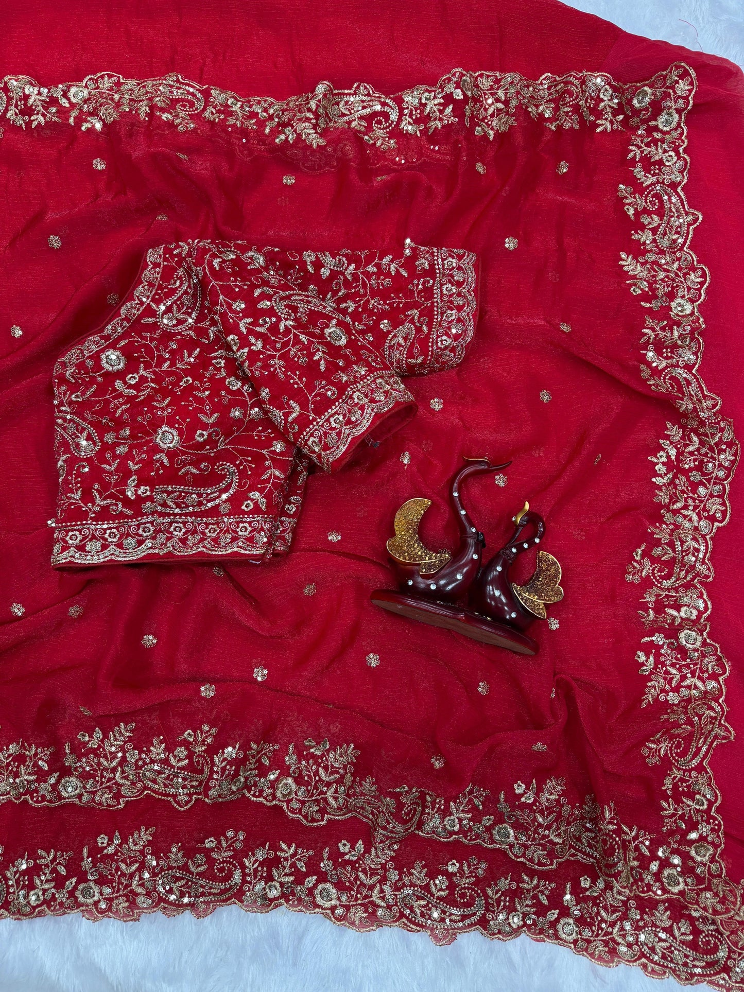 Lovely Red Chiffon Zari Work Saree
