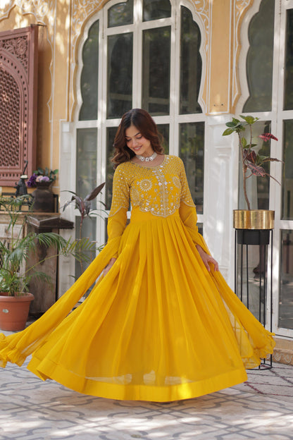 Stunning Georgette Embroidered Work Yellow Color Gown