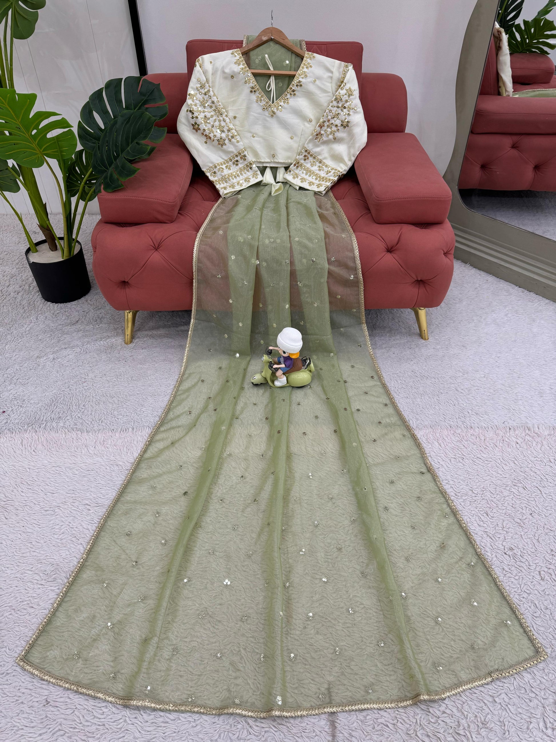 Fantastic Sequnce Work Net Mehndi Color Saree