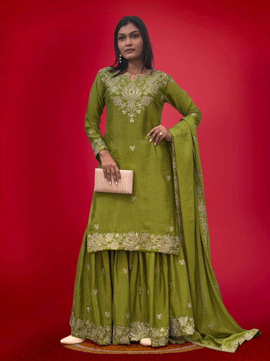 Fantastic Embroidery Coding And Sequence Work Green Color Sharara Suit