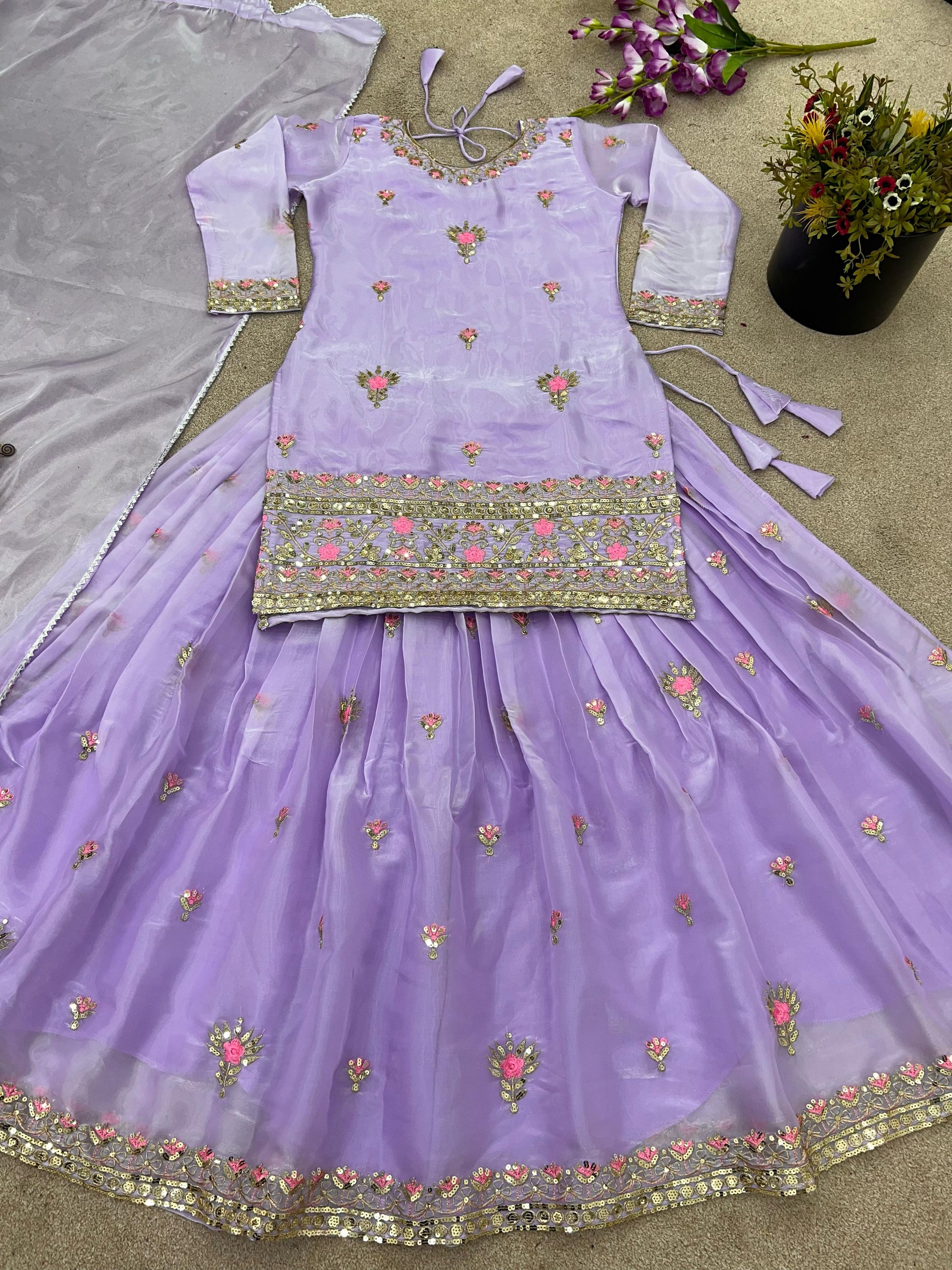 Wedding & Party Wear Sequence Work Lavender Color Top With Lehenga