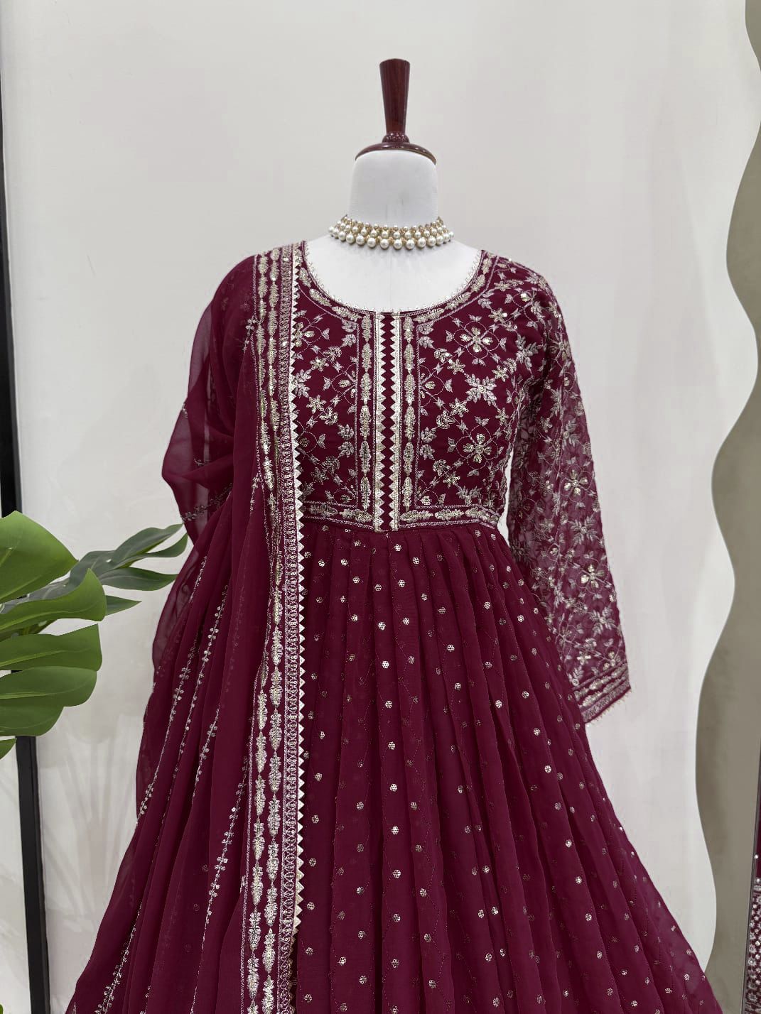 Fabulous Gorgette Maroon Color Gown