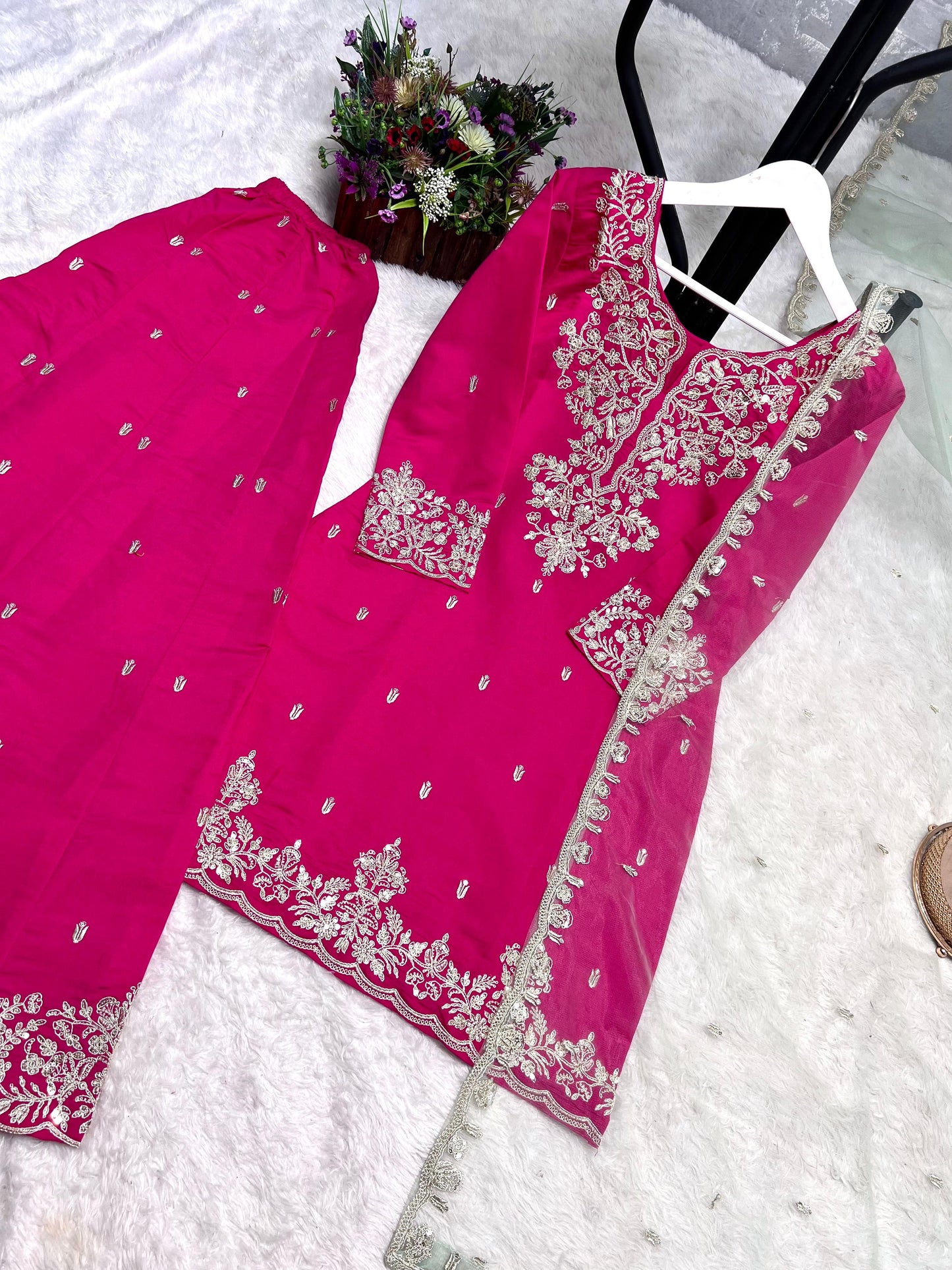 Ravishing Pink Silk with Sequence Work Palazzo Suit