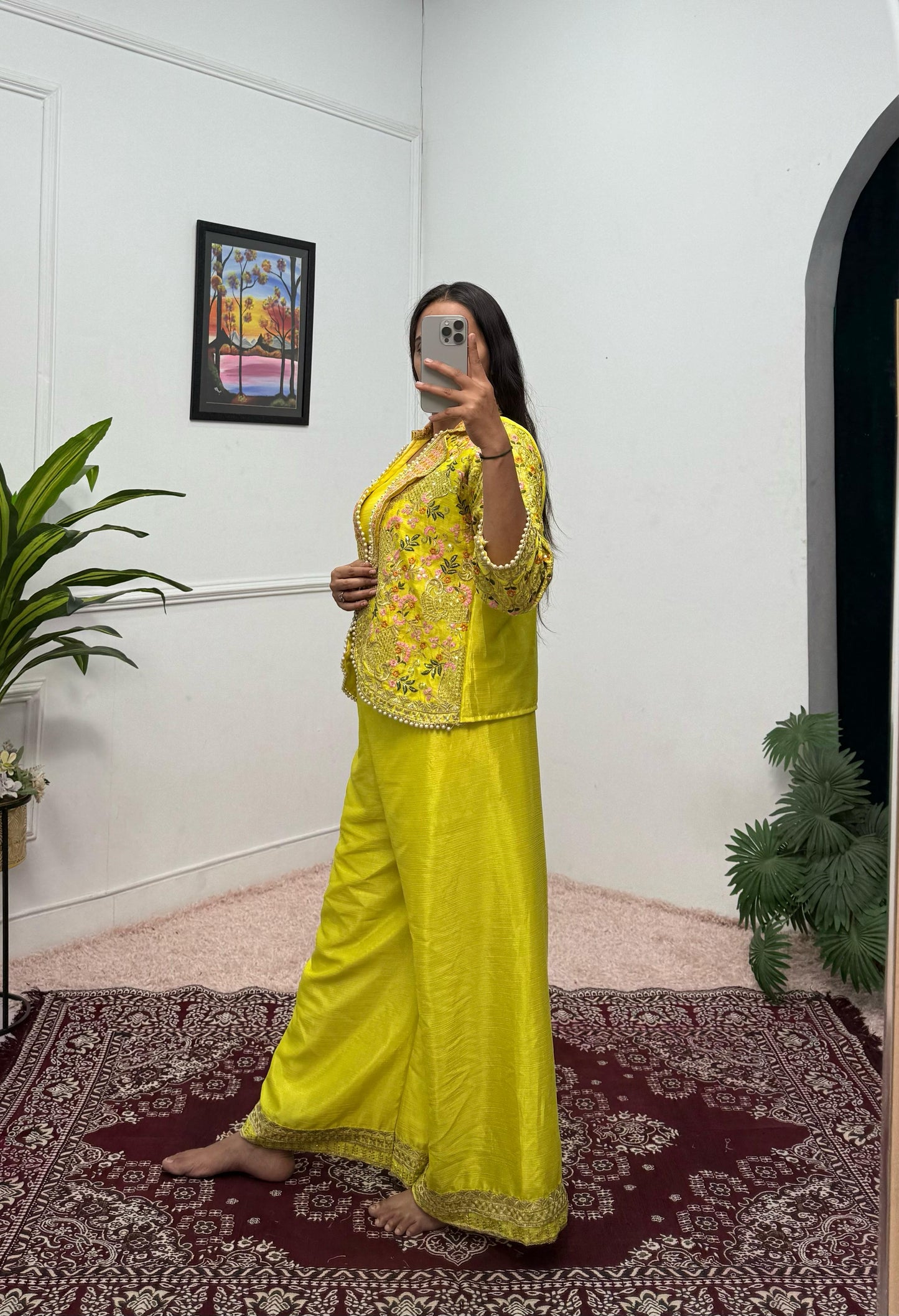 Flattering Chinon Lemon Color Palazzo Top With Koti