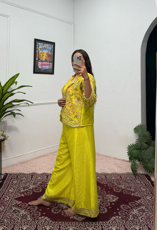 Flattering Chinon Lemon Color Palazzo Top With Koti