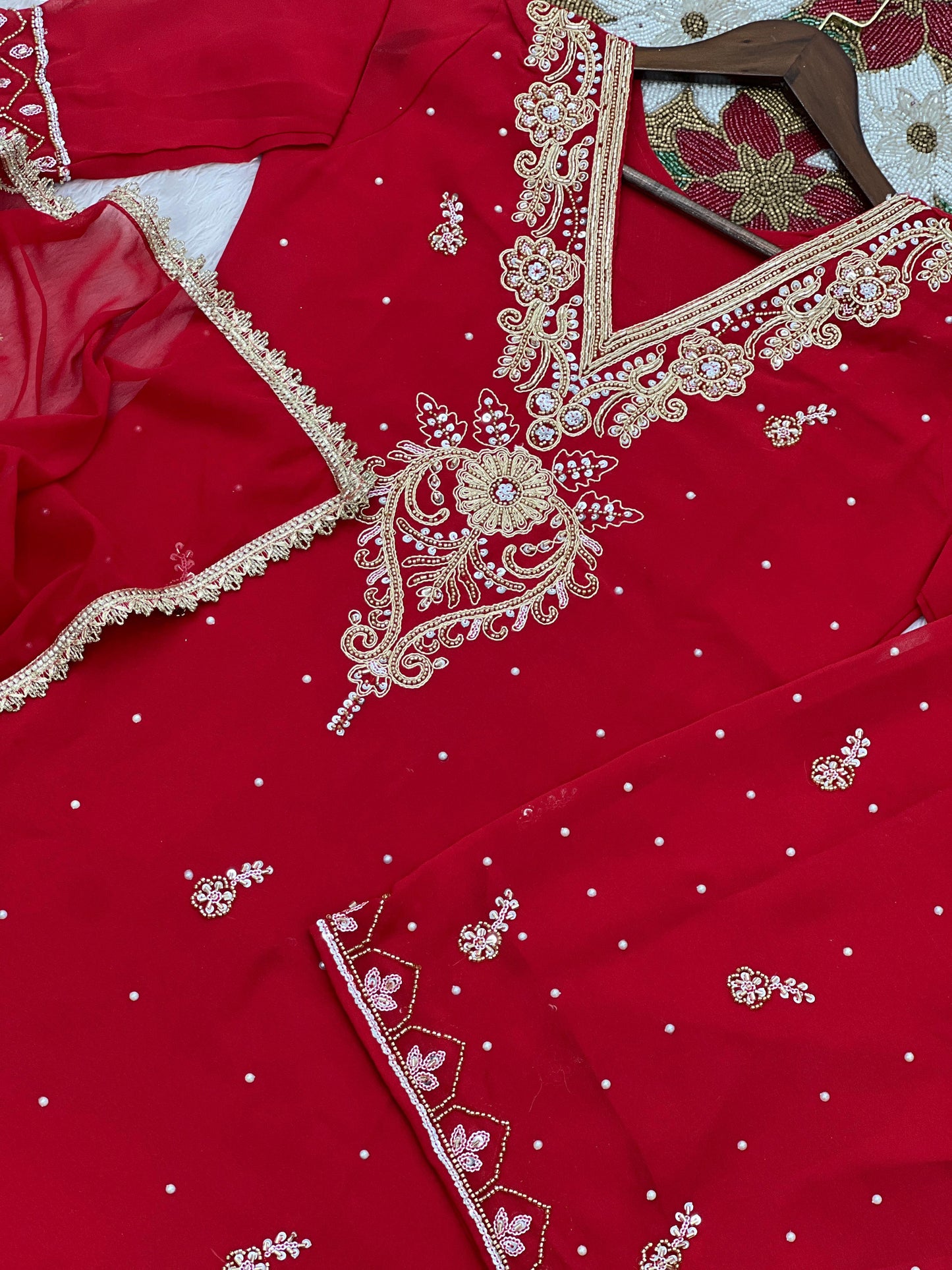 Ravishing Red Georgette Embroidery Palazzo Suit