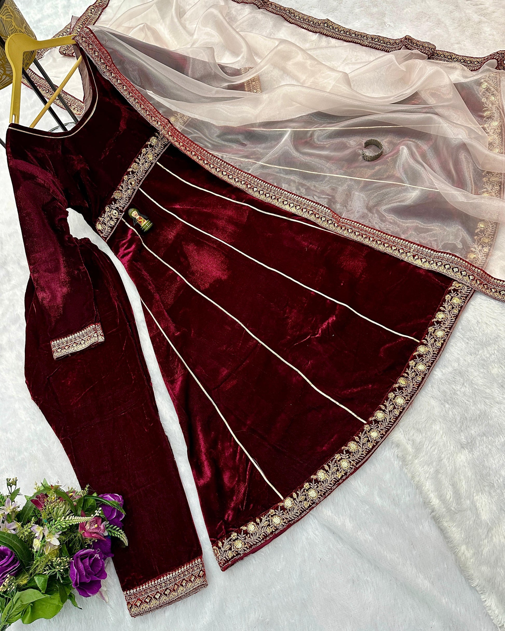 Designer Embroidery Lace Work Velvet Marron Color Gown