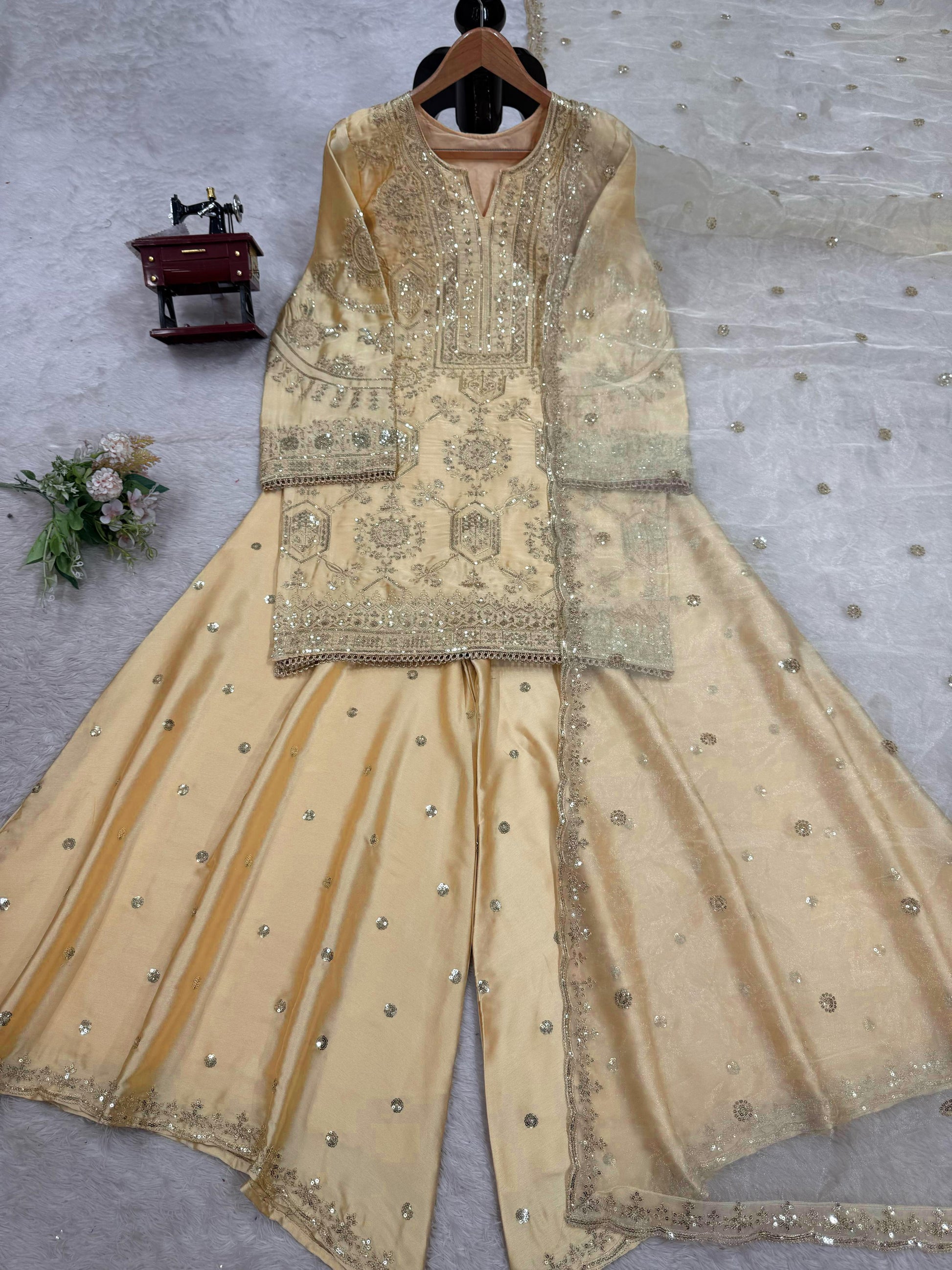 Stunning Cream Color Sequence Work Sharara Suit