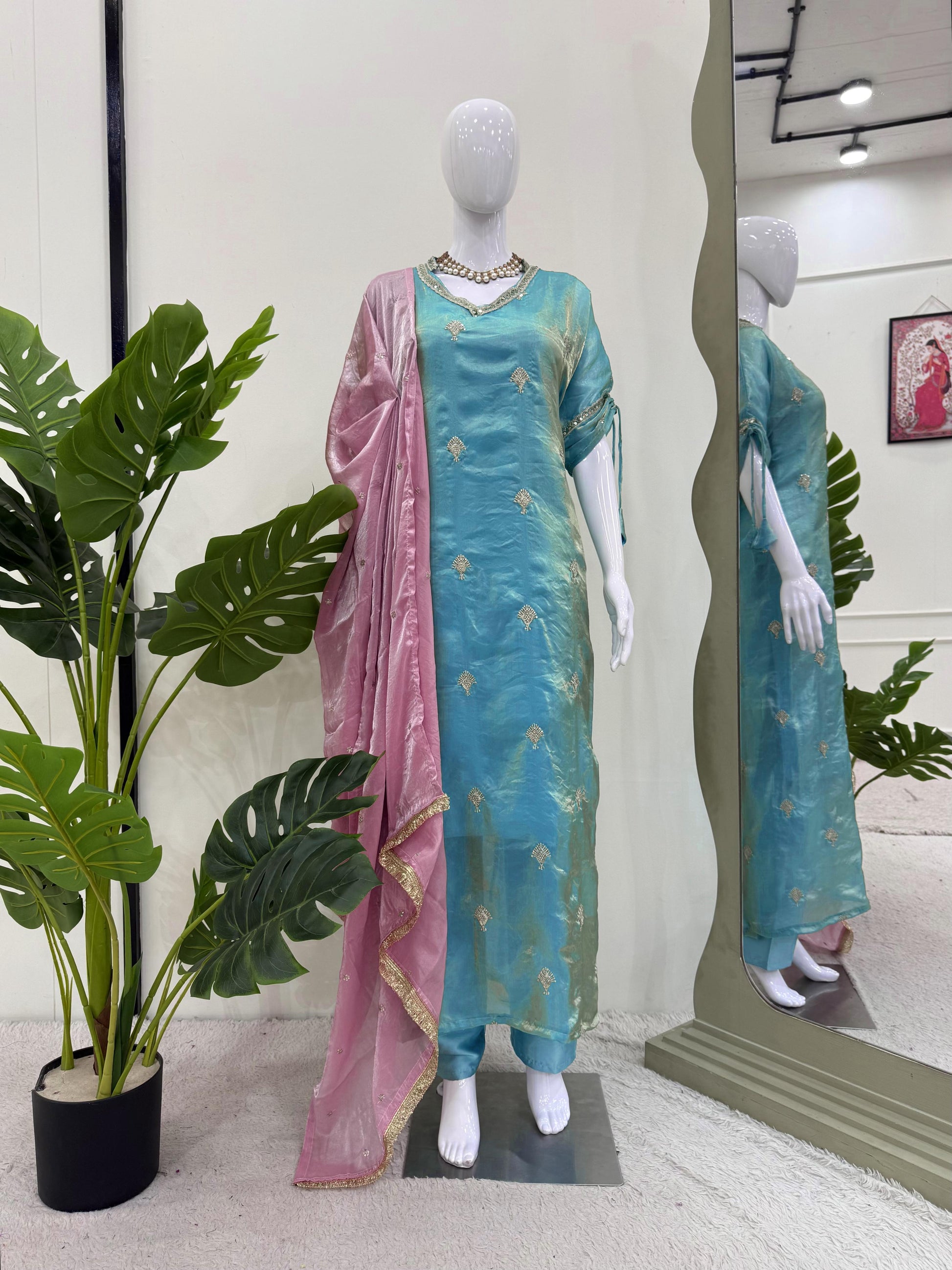 Alluring Fendy Silk Sky Color Salwar Suit