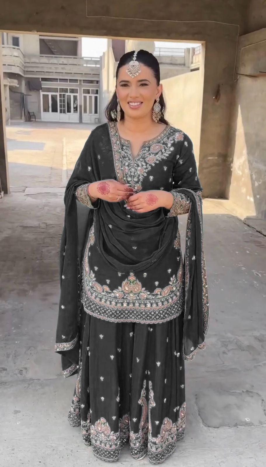 Wonderful Chinon Silk Black Color Palazzo Suit