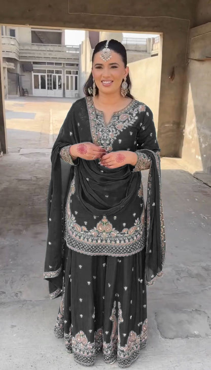 Wonderful Chinon Silk Black Color Palazzo Suit