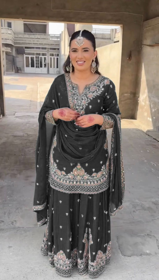 Wonderful Chinon Silk Black Color Palazzo Suit