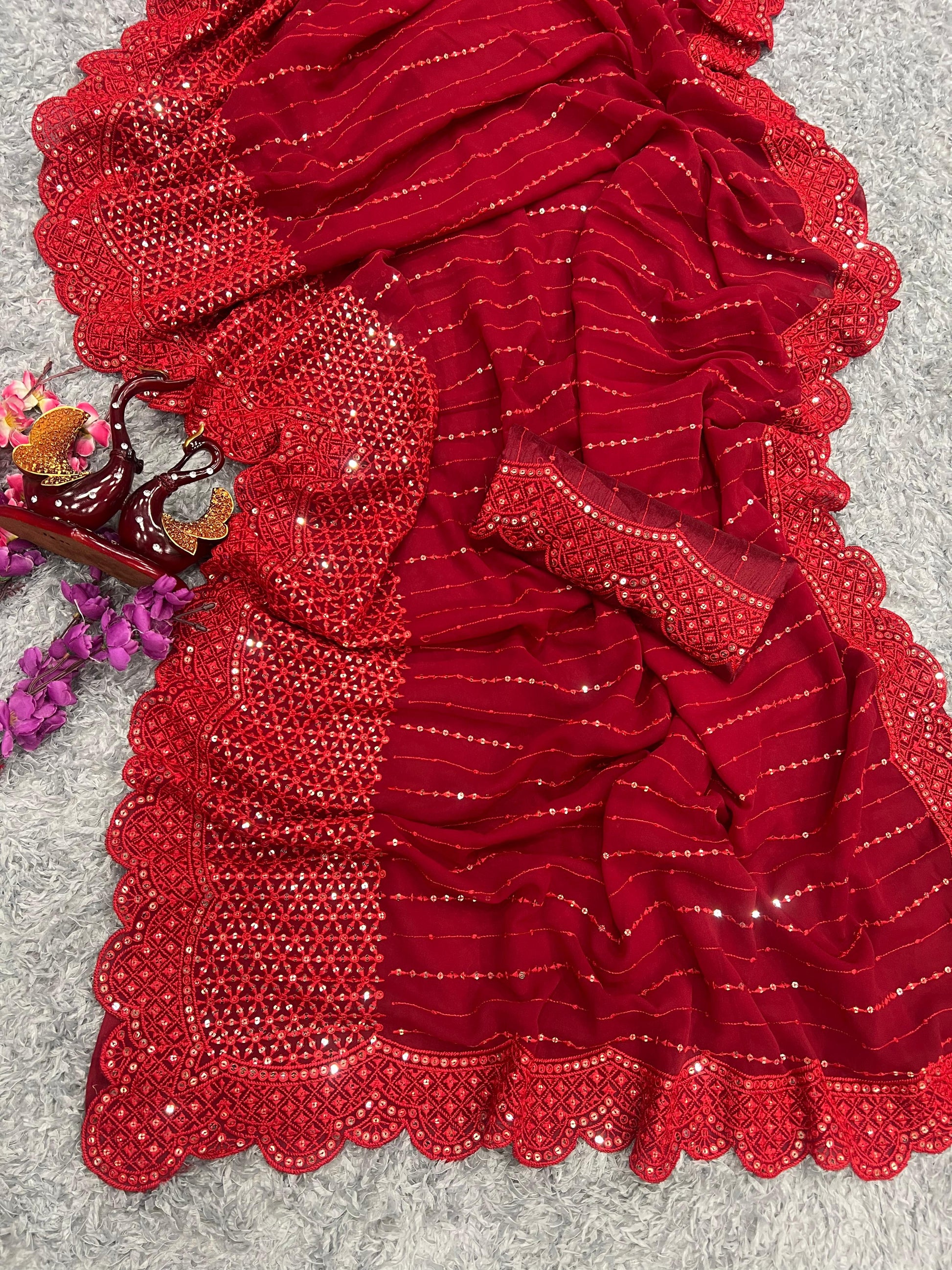 Pattern Wedding & Party Wear  Embroidery Work Red Color Saree