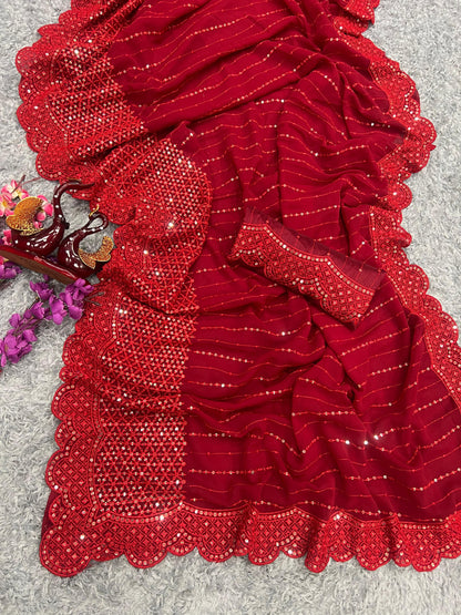 Pattern Wedding & Party Wear  Embroidery Work Red Color Saree