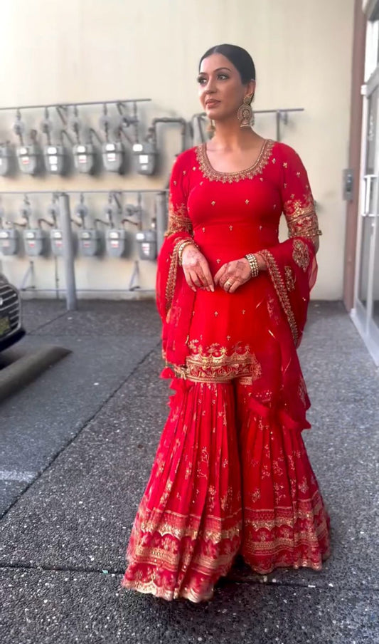 Presenting Georgette Red Color Embroidery Work Sharara Suit