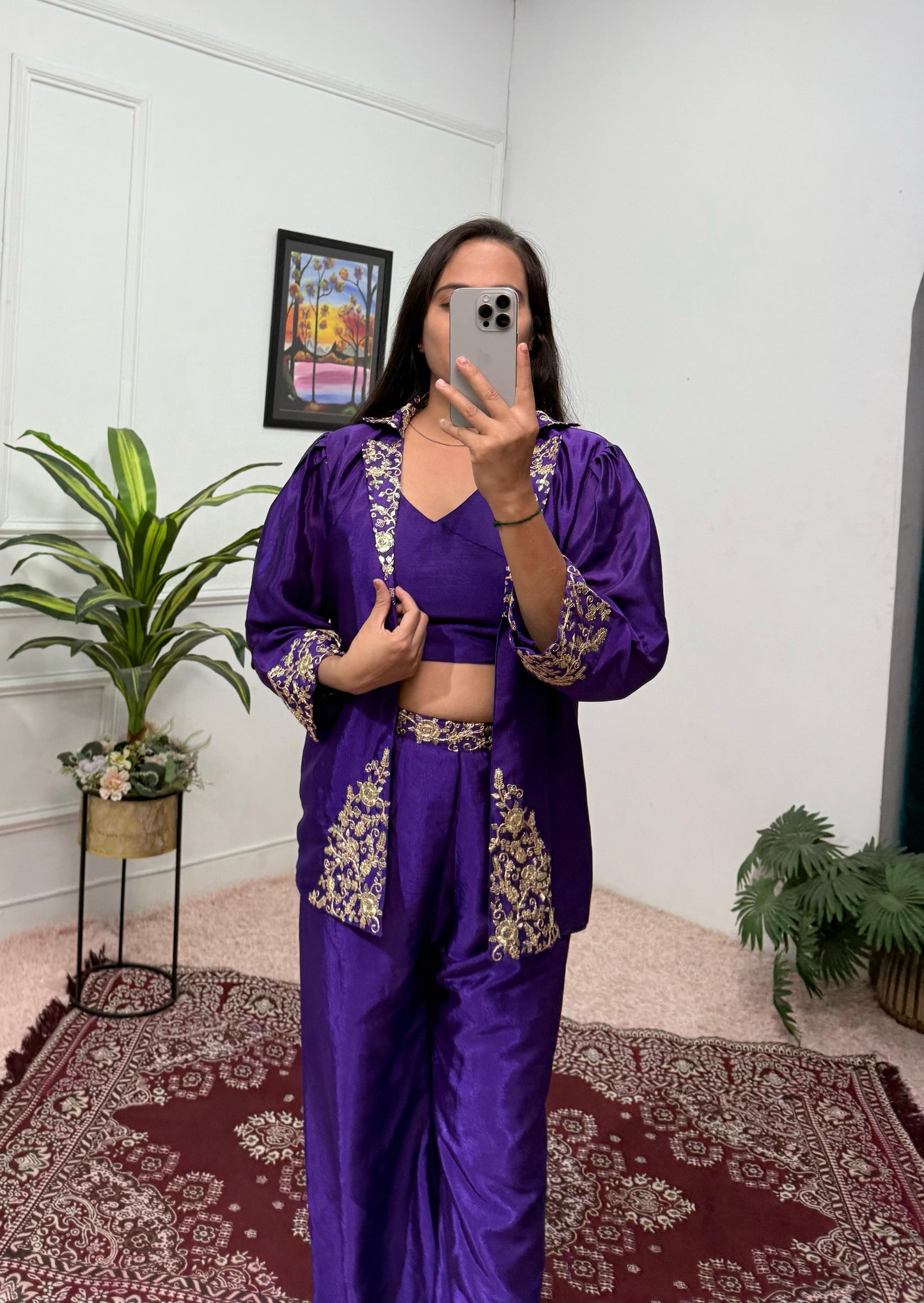 Classy Chinon Purple Color Embroidery Work Palazzo Suit With Koti
