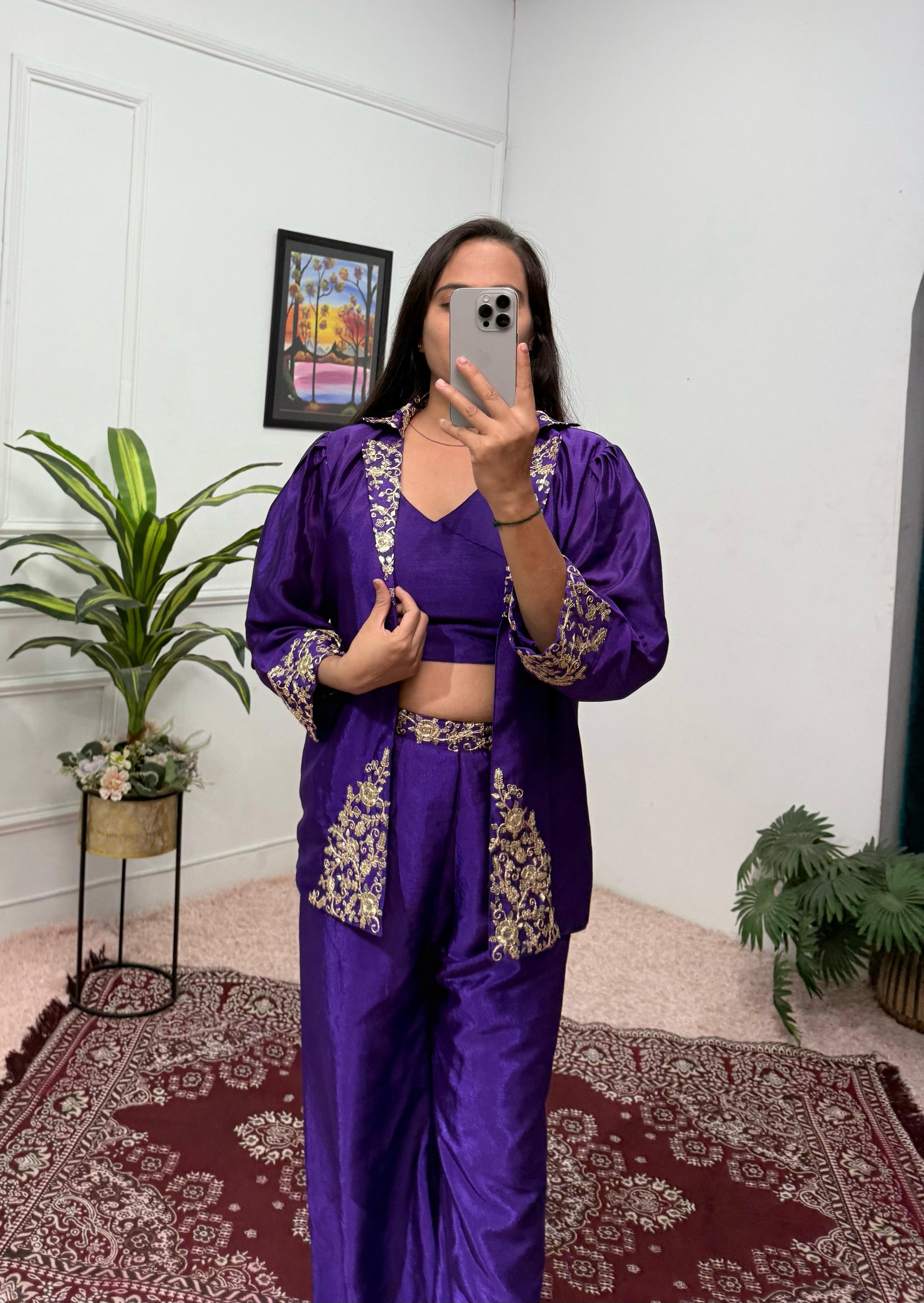 Classy Chinon Purple Color Embroidery Work Palazzo Suit With Koti
