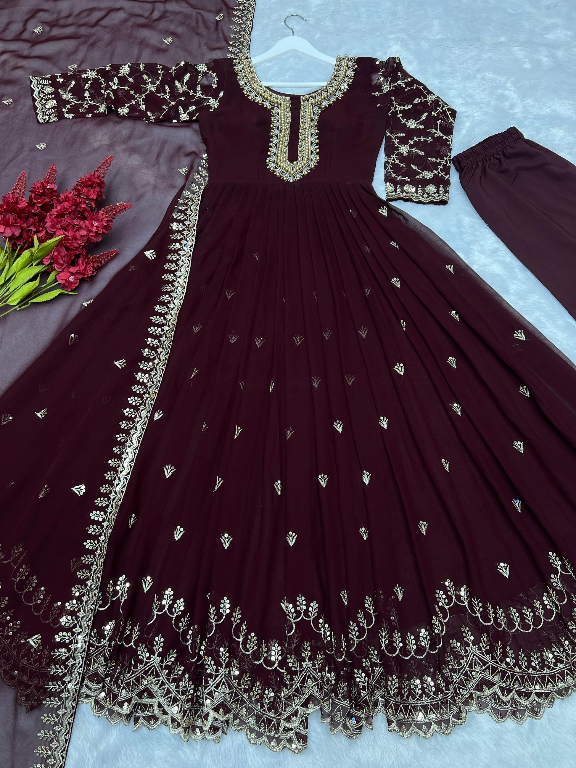 Peaceful Georgette Moti Work Wine Color Gown