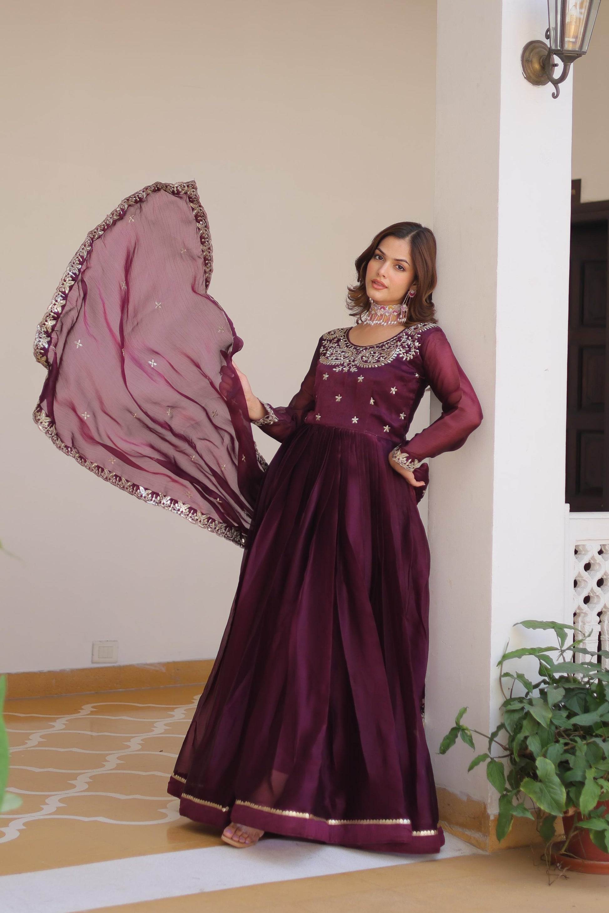 Festive Wear Burberry Silk Wine Color Gown