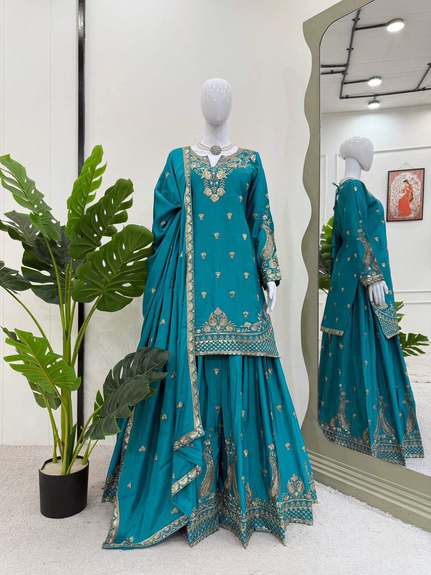 Wonderful Chinon Silk Teal Blue Color Palazzo Suit