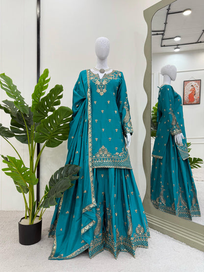 Wonderful Chinon Silk Teal Blue Color Palazzo Suit