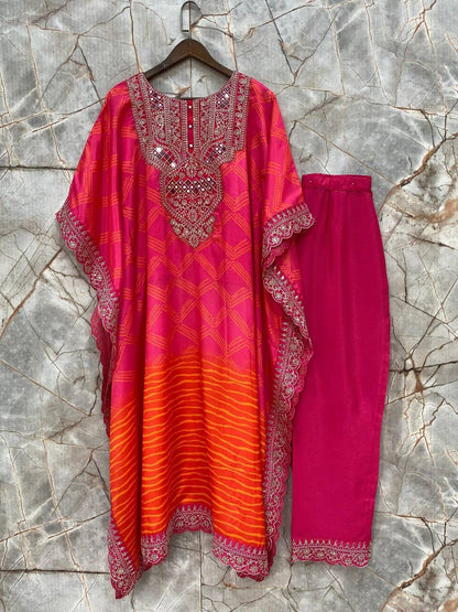 Blissful Chinon Embroidered Work Pink & Orange Color Kaftan Suit