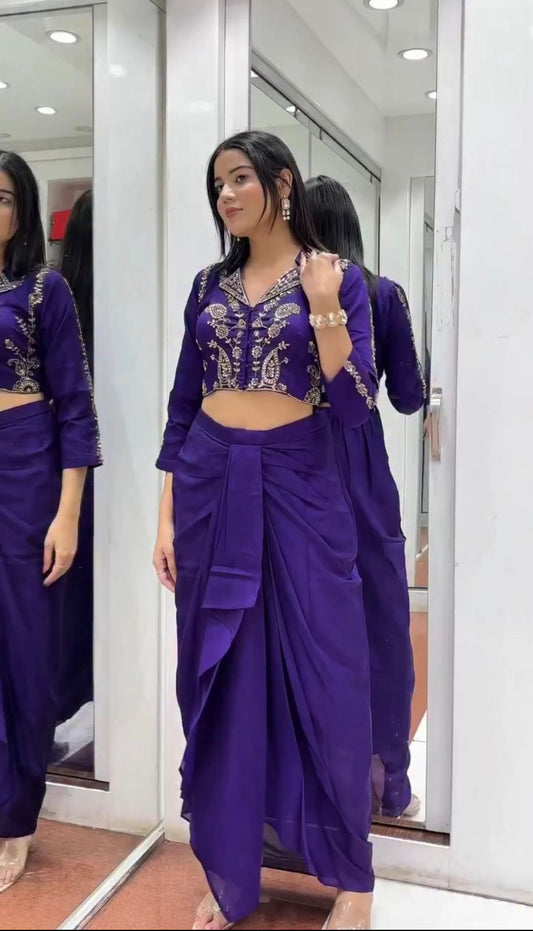 Attractive Purple Chinon Silk Embroidery Dhoti Suit