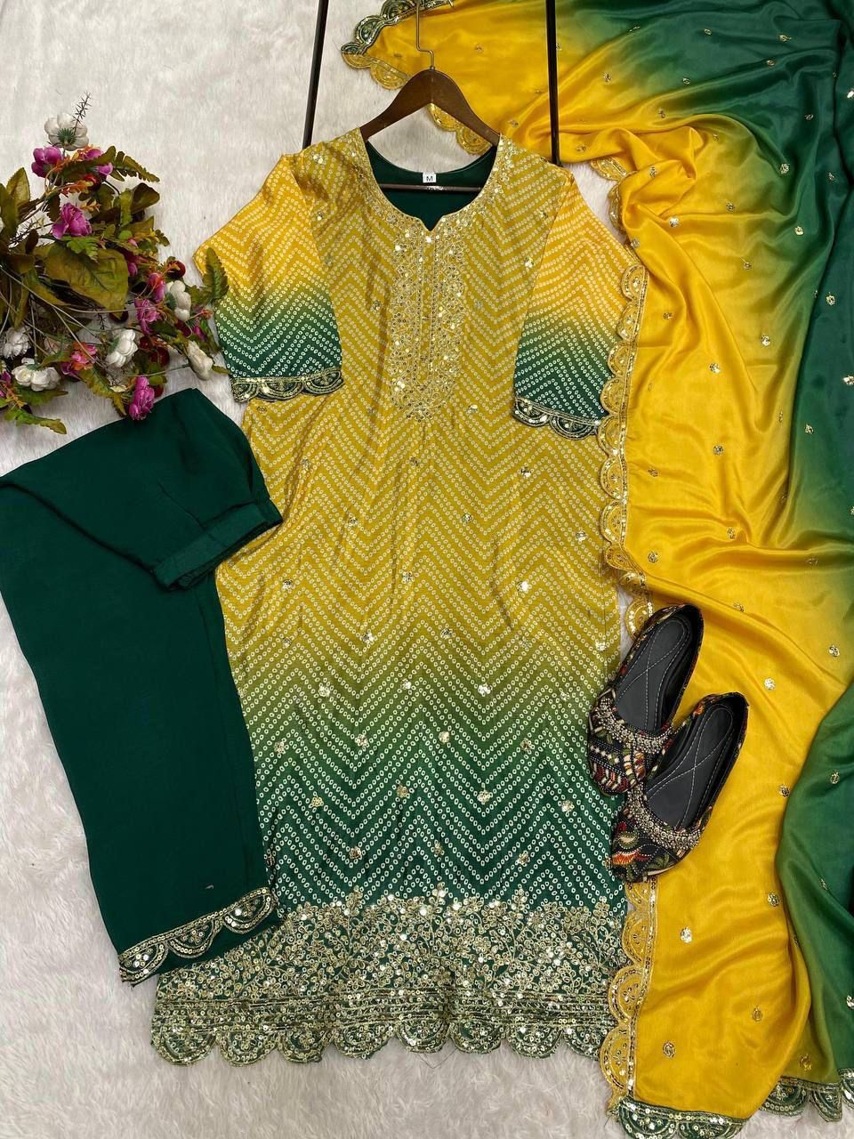 Shilpa Shetty Bollywood Yellow With Green Color Salwar Suit