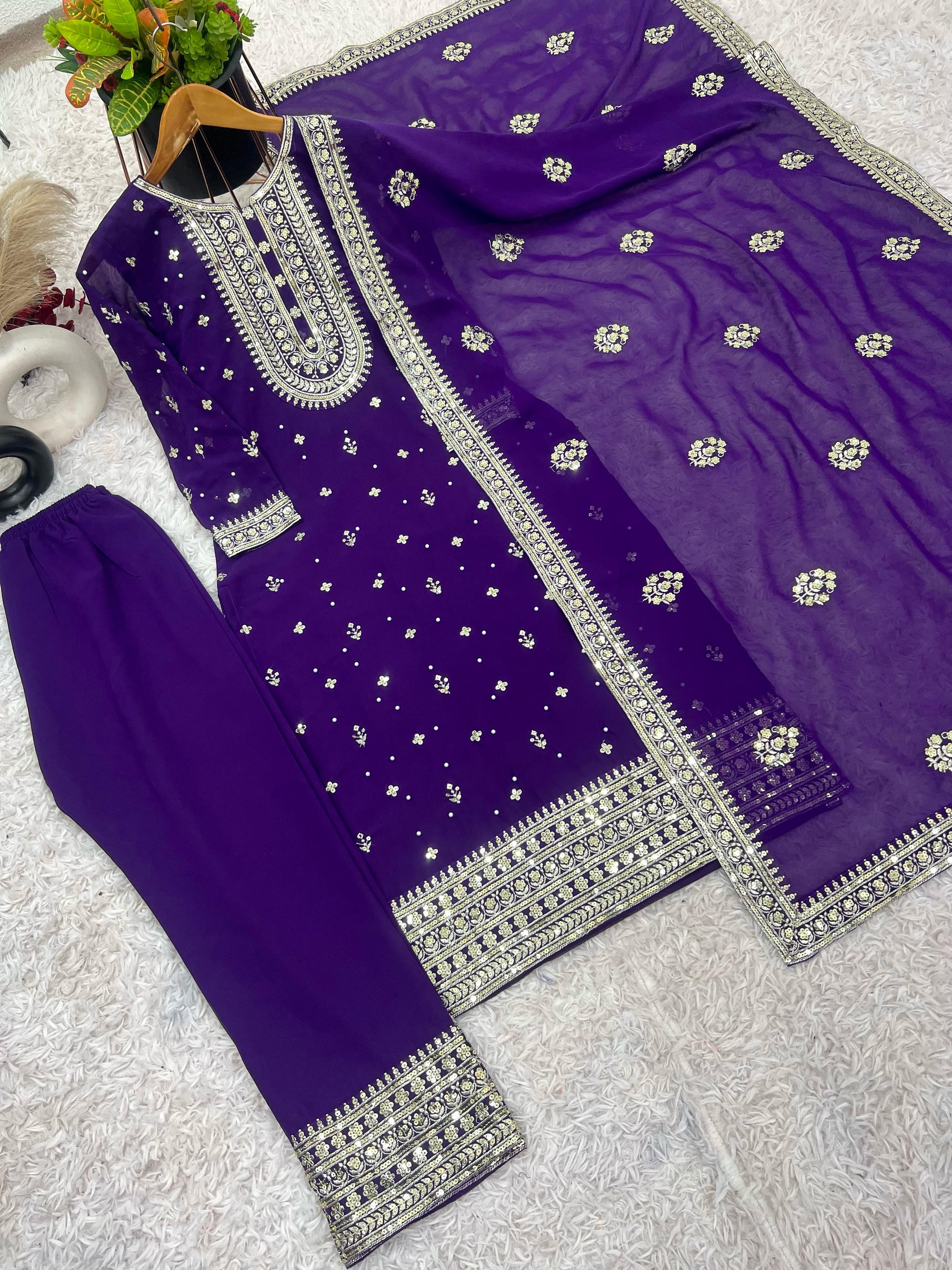 Glimmering Embroidery Work Purple Color Salwar Suit