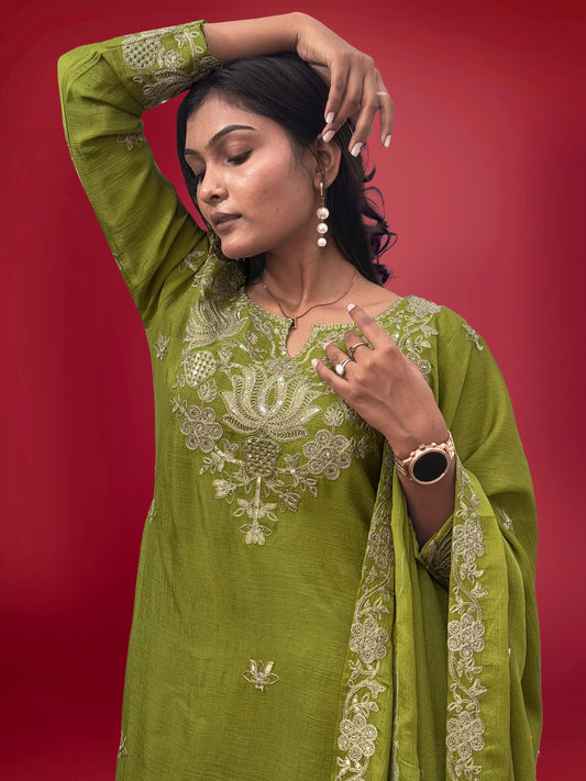 Fantastic Embroidery Coding And Sequence Work Green Color Sharara Suit