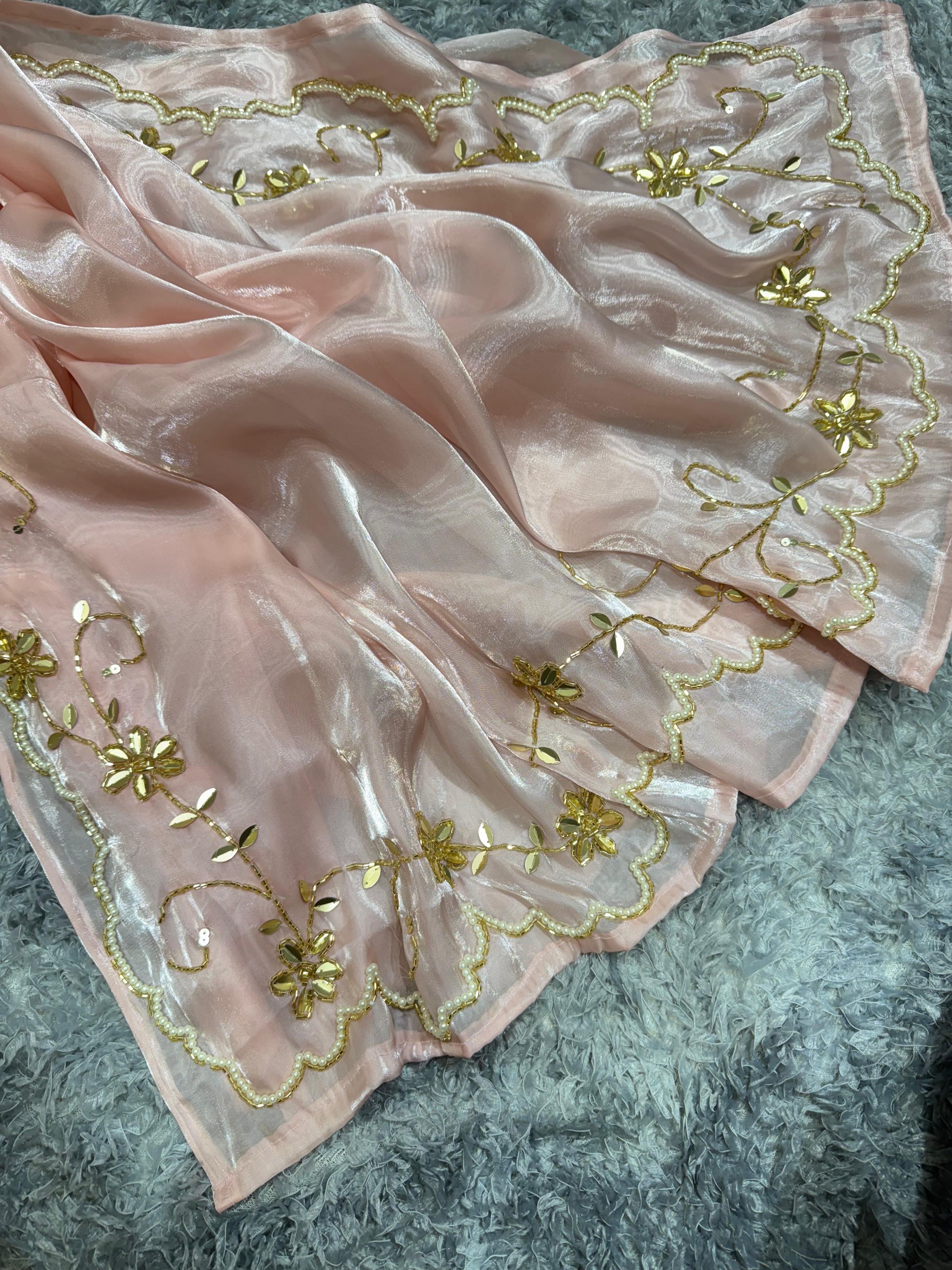 Presenting Jimmi Choo Peach Color Handwork Saree
