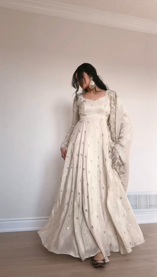 Flattering Sequence Work White Color Anarkali Gown