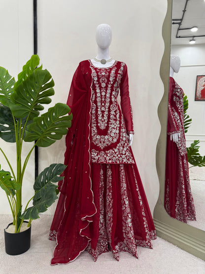 Awesome Gorgette Red Color Sharara Suit