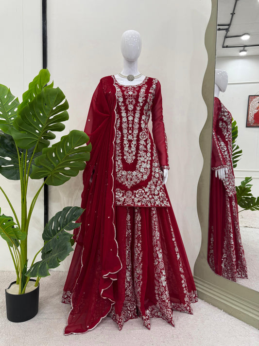 Awesome Gorgette Red Color Sharara Suit