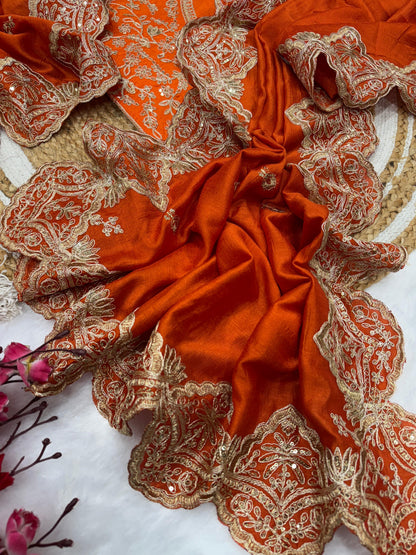 Bollywood Style Heavy Work Orange Color Silk Saree