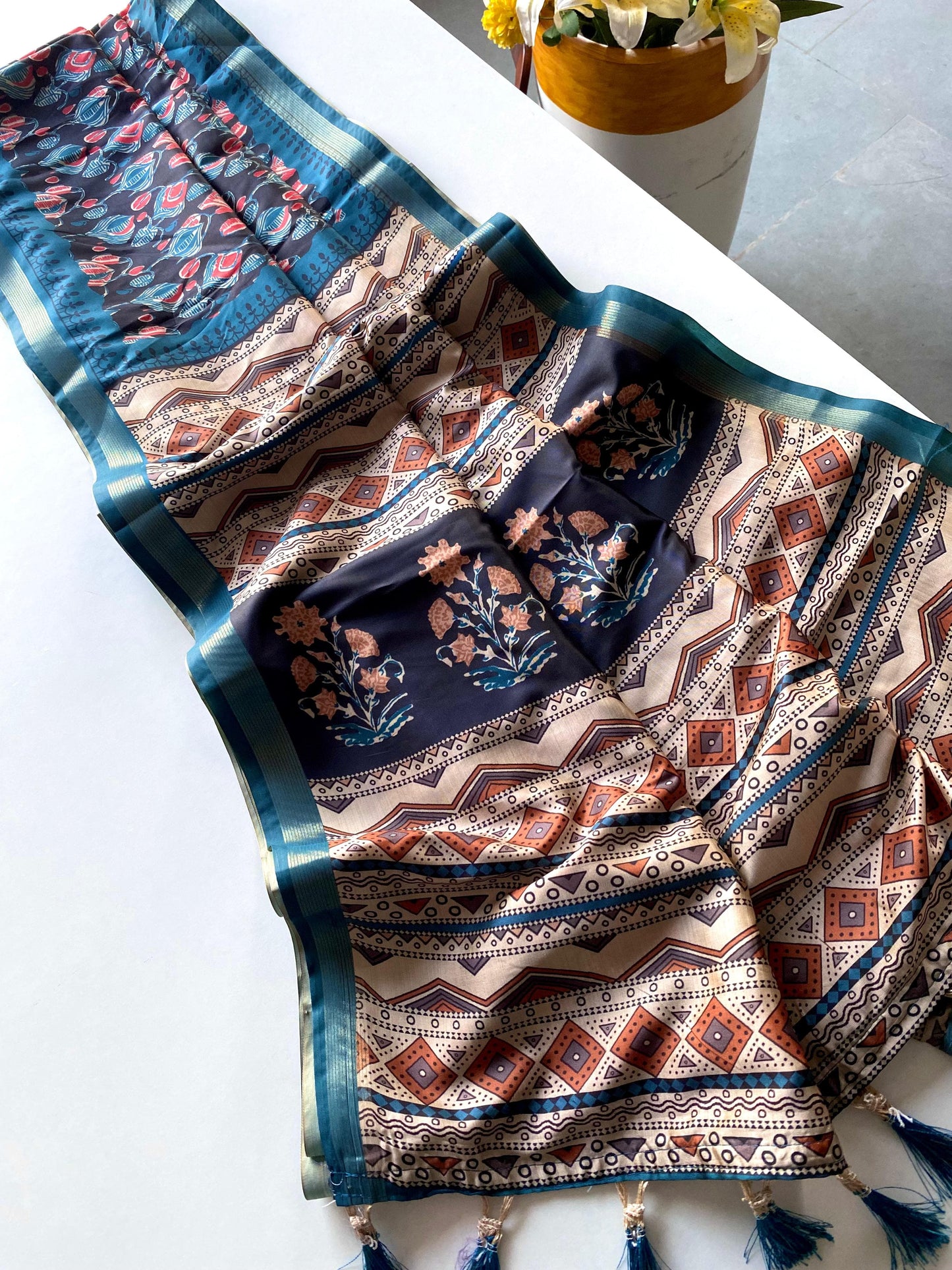 Glossy Dola Zari Patta Border Teal Blue Color Saree