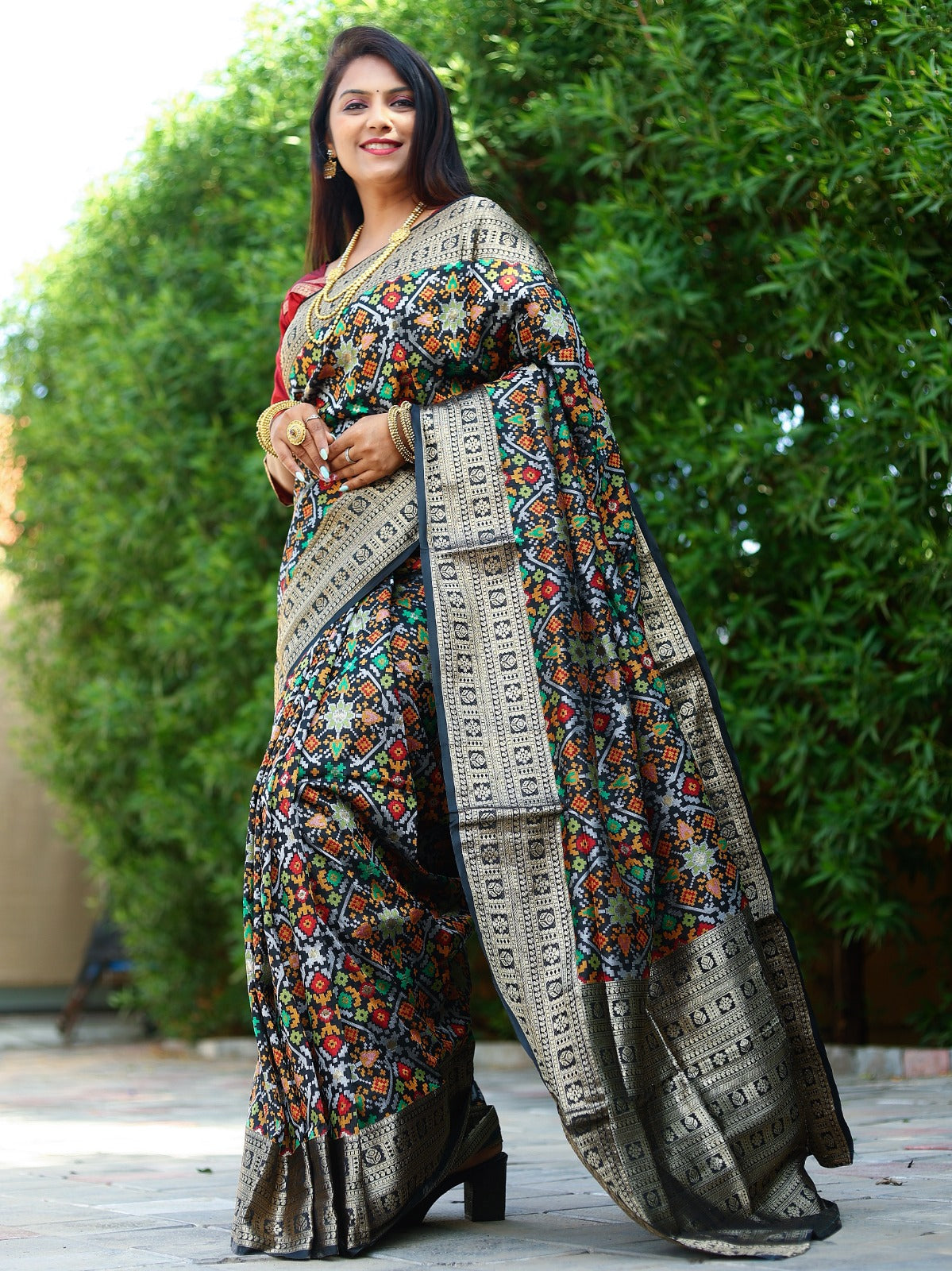 Fashionable Black Color All Over Zari Patola Weaving Saree