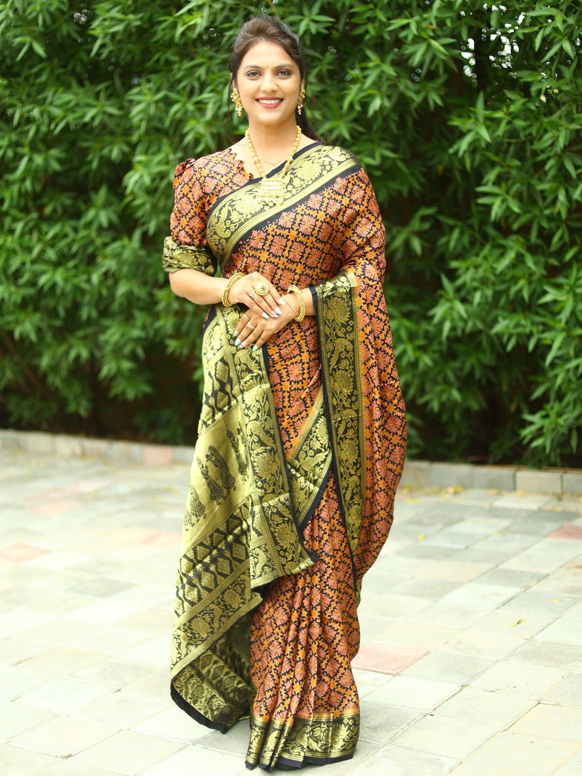 Beautiful Light Pink With Black Ajrakh Zari Weaving Saree