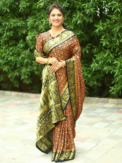 Beautiful Light Pink With Black Ajrakh Zari Weaving Saree